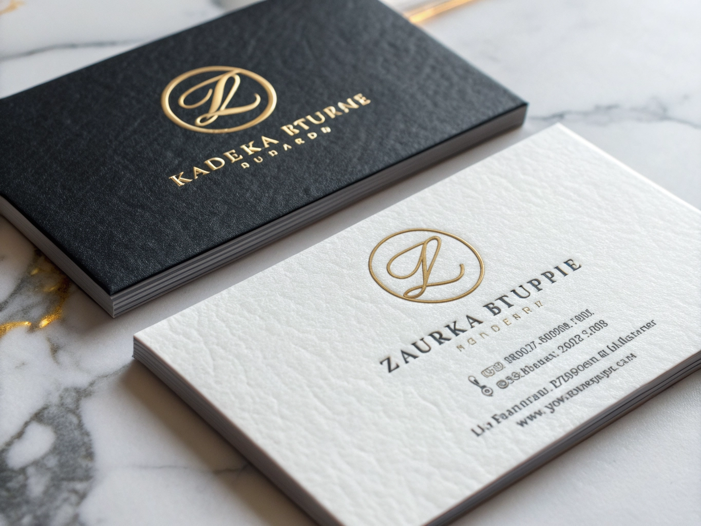 Premium business cards with embossed logo and brand colors