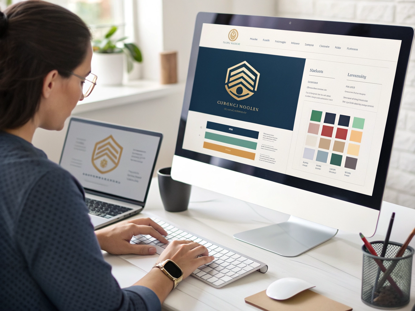 Designer creating brand identity stationery design on computer